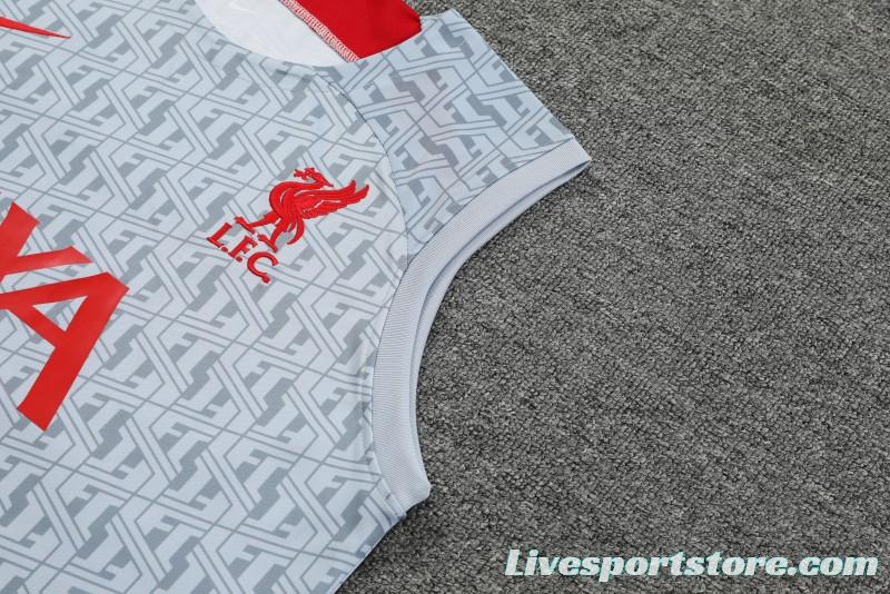 23-24 Liverpool White/Grey Grid Vest Jersey+Shorts